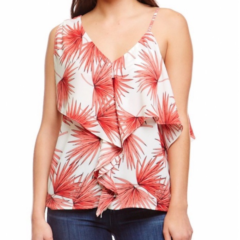 ASHER Tropical Palm Print Asymmetrical Shoulder Ruffle Top